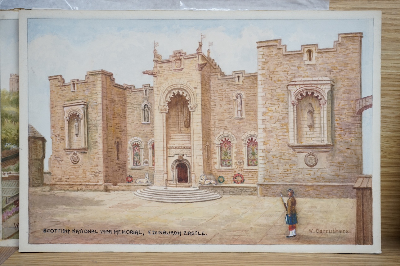 William Affleck, (Aka Carruthers, 1868-1943), a set of six original watercolours for post card designs, Edinburgh scenes to include; ‘Holyrood Place’, ‘Edinburgh Castle’, ‘Scottish National War Memorial’ and ‘Princes Str